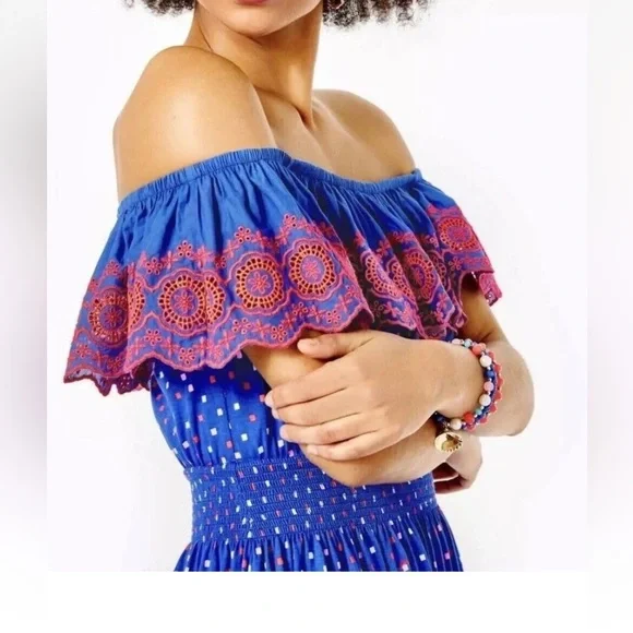 NWT Lilly Pulitzer XS Off The Shoulder Blue Pink Embroidered Kalama Mini Dress - Picture 3 of 11